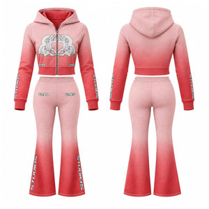 Women <b>Y2K</b> Pink Gradient Two Piece <b>Tracksuit</b> Set Crop Zip Up Hoodie Letter Print Split Hem Flared Pants Women <b>Tracksuit</b> - Product Image 1