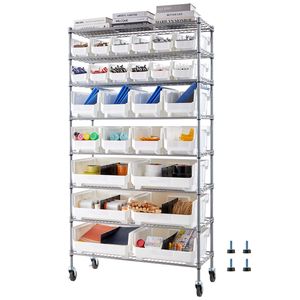 Scaffale mobile a 8 livelli con 26 contenitori, sistema di scaffalature in filo d'acciaio con ruote per l'organizzazione di attrezzi in garage - Product Image 1