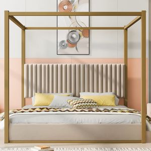 <b>King</b> Size Beige Upholstered Canopy <b>Platform</b> <b>Bed</b> with Headboard and Metal Frame - Product Image 1