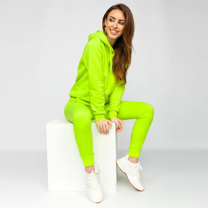 Conjunto Deportivo para Mujer, Color Verde Neón, con Capucha, Manga Larga, Diseño Sólido, Sudadera y Pantalones Casuales con Bolsillos Laterales - Product Image 5
