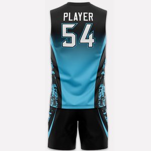 ชุดเสื้อบาสเก็ตบอลแบบกำหนดเอง สีดำไล่เฉดสีน้ำเงิน พิมพ์ลายแบบ Sublimation ระบายเหงื่อได้ดี สำหรับผู้ใหญ่ แบบ Unisex คอกลม แขนกุด ผ้าตาข่าย - Product Image 6