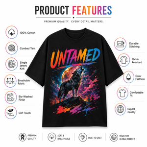 Untamed Wolf Printed Front <b>Men's</b> Black T-Shirt Long Sleeve O-Neck Loose Fit Casual 100% Cotton Jersey Breathable <b>Animal</b> Print - Product Image 4