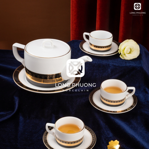 Tea Set Modern Luxury Embossment Gold-Plated Vietnamese <b>Ceramic</b> Porcelain Minimalist 500ml Wholesale Kim Lai Gift Set - Product Image 2