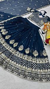 Blue Embroidered Lehenga Set Velvet Blouse <b>Net</b> <b>Dupatta</b> Floral Sequin Indian Wedding Outfit - Product Image 6