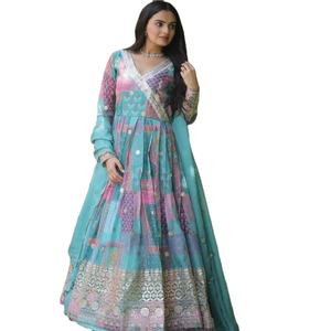 Vestido Anarkali DE TRABAJO bordado con estampado digital de seda Georgette de último diseñador por Fab Zone Indian & Pakistani Clothing - Product Image 1