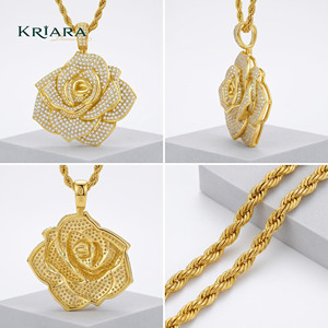 18K <b>Solid</b> <b>Gold</b> Rose <b>Pendant</b> With Round Lab Grown Diamond Unisex Luxury Flower Charm <b>Pendant</b> - Product Image 2