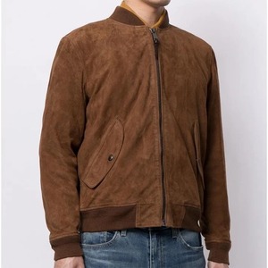 เสื้อแจ็คเก็ตบอมเบอร์หนังกลับสีน้ำตาลสำหรับผู้ชาย - Product Image 4