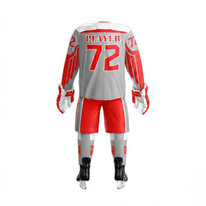 Ensemble d'uniformes de hockey sur glace personnalisés par sublimation, rouge et gris, pour joueur adulte, maillot sans manches col en V, pantalon en maille respirante - Product Image 3