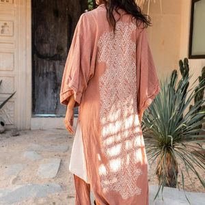 Kimono rosa para mujer, cárdigan tribal estilo Ibiza, capa envolvente, túnica boho, vestido de algodón crudo, pareo, cubrebañador color rosa antiguado - Product Image 3