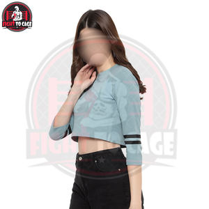 Haut court chic à col rond et manches rayées, en coton mélangé respirant, côtelé, minimaliste, à manches longues, style streetwear pour femme - Product Image 3