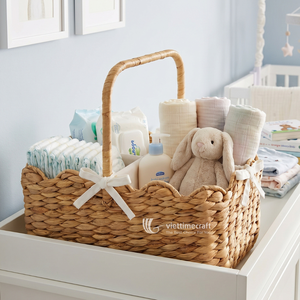 Modern <b>Rectangle</b> Water Hyacinth Diaper Caddy Scalloped Nursery <b>Storage</b> <b>Basket</b> with Handles and Removable Fabric Divider Trims - Product Image 5
