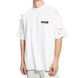 T-shirt déchiré personnalisé avec logo imprimé pour hommes, manches courtes, décontracté, 100 % coton, coupe ample - Product Image 1