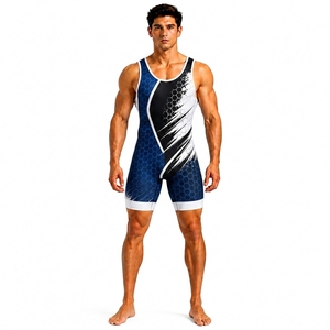 <b>Men's</b> Blue Black White Digital Print Fitted Lightweight Breathable Moisture Wicking Spandex Polyester <b>Wrestling</b> <b>Singlet</b> - Product Image 1
