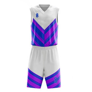 Ensemble de maillots de basket personnalisés blanc, violet, bleu, sublimés, col en V, sans manches, anti-transpiration, unisexe, adulte, toutes saisons - Product Image 1