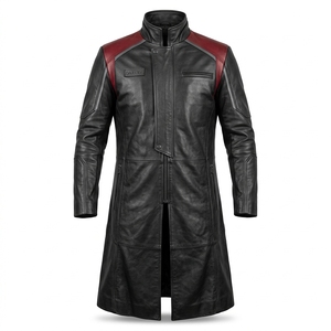 Biker Real Leather Trench <b>Coat</b> <b>Mens</b> <b>Black</b> Burgundy Shoulder Trim <b>Long</b> Overcoat Custom Winter Outerwear OEM Manufacturer - Product Image 1