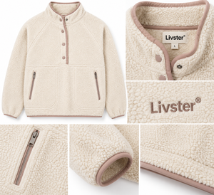 Premium <b>Men</b>’s Ivory Cream <b>Sherpa</b> <b>Fleece</b> Pullover Jacket Warm Winter Full Sleeve Stand Collar Sweatshirt with Snap Button Front - Product Image 4