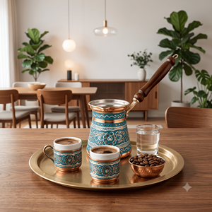 หม้อกาแฟทองแดงเคลือบสีเทอร์ควอยซ์แบบตุรกี ซีซ์เว อิบริกแบบอาหรับ บริกิแบบกรีก ใช้กับเตาได้ พร้อมที่จับไม้หมุนได้ - Product Image 4