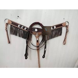 Set de Cabezada y Pechopetral de Cuero Marrón Estilo Western ASHMIRA EQUESTRIAN con Flecos, Hecho a Mano, para Equitación Vaquera - Product Image 1