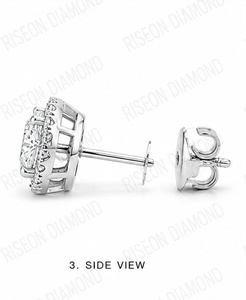 Elegant round halo diamond <b>stud</b> earrings with brilliant center stone surrounded by micro pave diamonds in polished white metal - Product Image 2