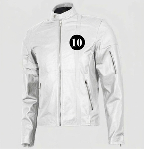 Chaqueta de moto de cuero PU verde para hombre con franja blanca y cierre de cremallera, cuello alto, corte regular, para otoño - Product Image 2