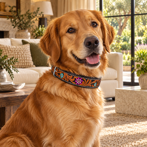 Collar de Cuero para Perro Estilo Western, con Diseño Floral Grabado a Mano y Herrajes Metálicos |   Collar Canino Ajustable y Cosido - Product Image 2