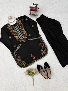 Salwar kameez negro bordado con trabajo de espejo, largo hasta el suelo, ropa tradicional india y pakistaní. - Product Image 5