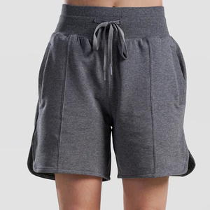 Custom Charcoal Grey Pintuck Sweat Shorts - Women's High <b>Waisted</b> Fleece Shorts with Side Slit Heavyweight Cotton Athletic Shorts - Product Image 1