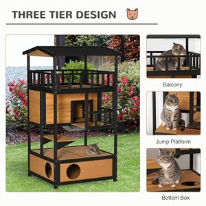 Maison pour chat en bois d'extérieur avec plateforme de saut jaune, abri pour chats errants, condo pour chatons, portes d'évasion et toit en asphalte - Product Image 3