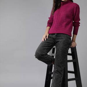 Pull col roulé 100 % laine pour femme, tricoté à la main, manches longues, couleur unie, anti-boulochage, décontracté, hiver - Product Image 1