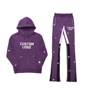 ชุดวอร์มผู้ชายแบบสั่งทำโลโก้ ชุดสองชิ้นผ้าหนา กางเกงขาบาน พิมพ์ลายพัฟฟ์ ชุดสเวตเตอร์โอเวอร์ไซส์ ชุดแทรคสูท สตรีทแวร์ - Product Image 4