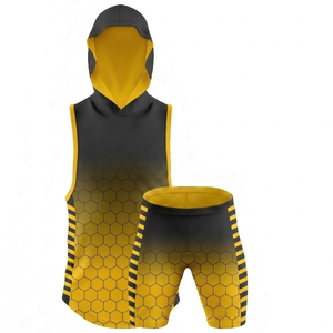 Unisex Hooded Sleeveless Vest Set Skull Print <b>White</b> Yellow Trim Breathable Polyester All Seasons Adult Sport Wear - Product Image 4