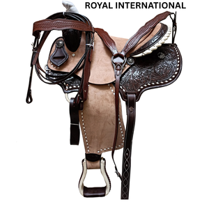 Silla de montar western Royal International Premium con adornos florales |   Sillín de Carreras de Cuero Genuino con Estribos y Juego de Arreos para Caballo - Product Image 3
