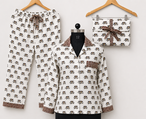 Luxury Elephant Hand Block Print <b>Crepe</b> Silk Night Suit Women Long Pajama Set Casual Handmade Masterpiece Sleepwear Gift Set - Product Image 5