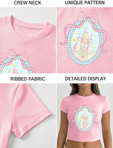 Pink <b>Women's</b> Short Sleeve Tank <b>Tops</b> with Solid <b>Mesh</b> Decoration Crew Neck Breathable 100% Cotton Formal Knitted T-Shirt - Product Image 2