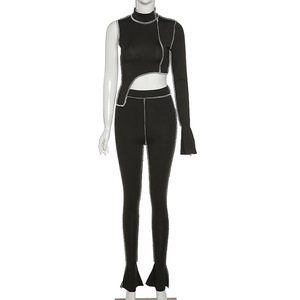 Women's 2 Piece <b>Knitted</b> <b>Set</b> Turtleneck Crop Top Full Length Leggings Sexy Club Wear Skinny Fit Solid Black - Product Image 1