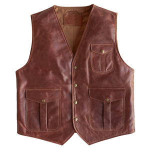 <b>Men</b> Genuine <b>Leather</b> <b>Vest</b> Moto Biker Style Collarless Solid Color Outer Wear Autumn Regular Length With Pockets <b>Vest</b> Quantity - Product Image 2