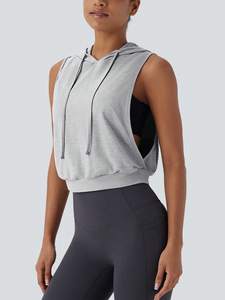 Modish Gray Hooded Drawstring Sleeveless Crop Top Solid Color women's shirt Custom 100% Cotton Hooded Lightweight Sports Tank - Product Image 4