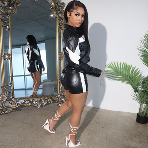 Women Zip <b>Long</b> Sleeve Embroidery Jacket and Skinny High Stretch PU Leather Shorts Outfits Fashion <b>Matching</b> Two Piece Sets - Product Image 5