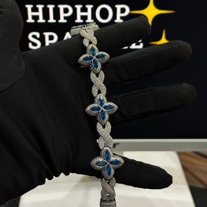สร้อยข้อมือคิวบาลิงค์ลายดอกไม้สีน้ำเงินพรีเมียม เงินแท้ 925 ประดับมอสซาไนต์และไพลินสีน้ำเงิน สไตล์ฮิปฮอป เครื่องประดับหรูหรา ของขวัญสุดพิเศษ - Product Image 5