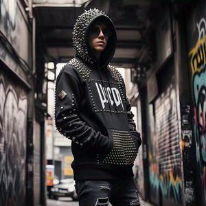 Sweats à capuche personnalisés poids lourd 480 Gsm pour hommes Acid Faded Washed Crystal Stud Rhinestones Diamonds Pullover sweats à capuche pour hommes - Product Image 2