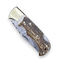 Couteau utilitaire pliant en acier Damas, manche en bois de cerf, étui en cuir, couteau de poche EDC pour la chasse et le camping, couteau personnalisé, support OEM