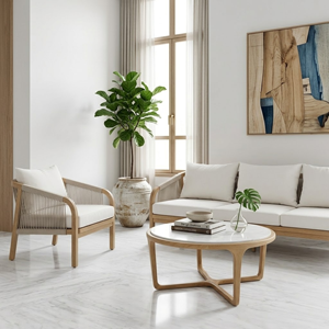 Coastal Hotel Lounge <b>Sofa</b> Rope Woven Minimalist Design Resort Villa Poolside <b>Wood</b> <b>Frame</b> Neutral Cushion Contract Seating Set - Product Image 1