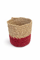 Panier de rangement en jonc de mer tressé à la main LOLLY RED, bicolore naturel et rouge, panier tissé décoratif pour la décoration intérieure et le rangement du linge