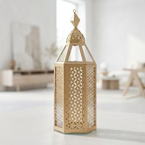 Lanterne à bougie en métal doré marocain pour le Ramadan, décorations modernes pour la maison - Product Image 1