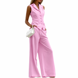 Women's Casual 2-Piece Long <b>Set</b> Linen/Cotton Eco-Friendly Sleeveless <b>Blazer</b> Wide-Leg Pants Solid Notched Collar Regular Fit - Product Image 4
