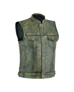 Chaleco de Motociclista Verde Desgastado de Primera Calidad al por Mayor para Hombre, Chaleco de Cuero Vintage sin Mangas Estilo Motociclista - Product Image 1