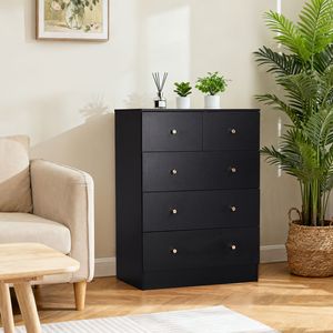 Gabinete de Partículas Negras con 3+2 Cajones y Acabado de Melamina Texturizada, Tiradores Dorados Mate, Dimensiones 66*40*91cm, Archivadores - Product Image 3
