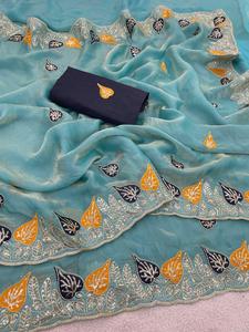 Indian Traditional Ethnic <b>Satin</b> Silk <b>Saree</b> with Embroidery and Zari Thread Work for Women Wedding Partywear Trendy Fancy Outfit - Product Image 3