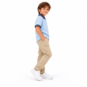 Kids Boys Light <b>Blue</b> <b>Polo</b> <b>Shirt</b> <b>Navy</b> Contrast Collar Striped Chest Pocket Short Sleeve Casual Cotton Summer Top - Product Image 3