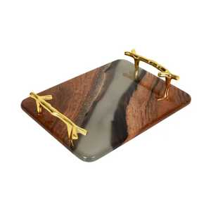 Plateau de service de luxe noir et or en résine avec 4 sous-verres, style géode moderne, plateau en agate avec poignées en métal doré - Product Image 4